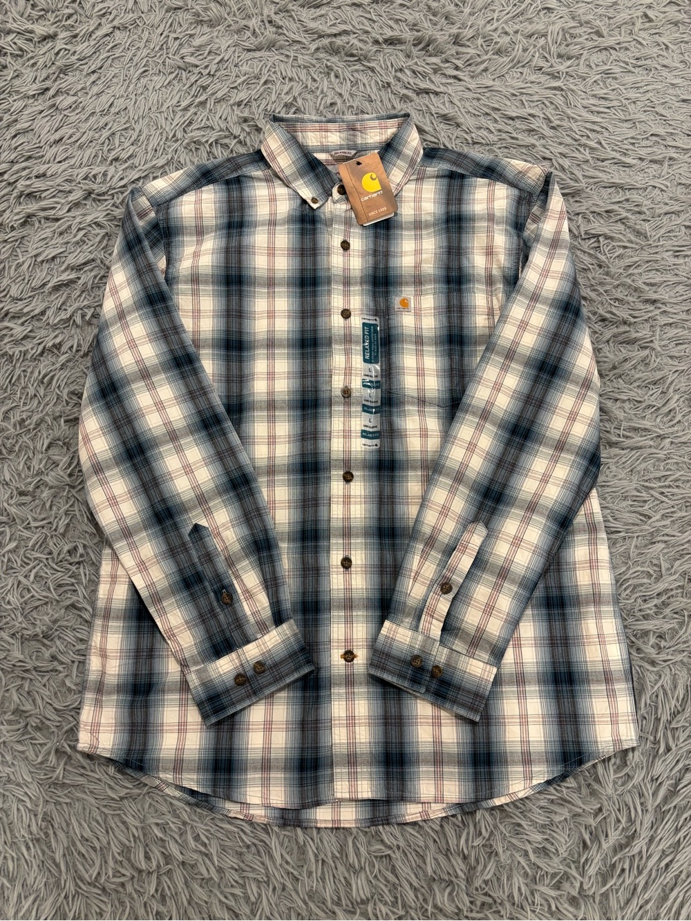 NEW Carhartt Men’s Blue Large Relaxed Fit Plaid Button Down Long Sleeve Shirt